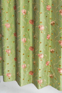 カーテンインド製刺繍薔薇柄「ミラノグリーン」巾101〜200cm×丈151〜210cm1.5倍ヒダ