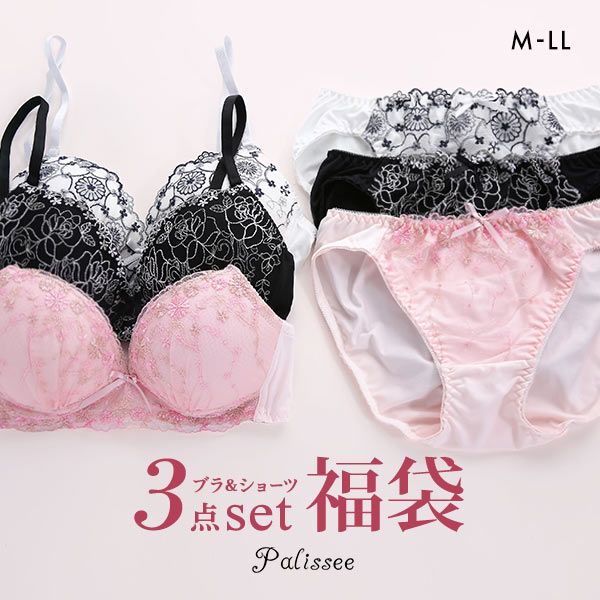 パリーゼ Palissee 福袋 ノンワイヤー ブラジャー ショーツ セット 3点セット おまかせ 刺繍レース M L LL レディー…