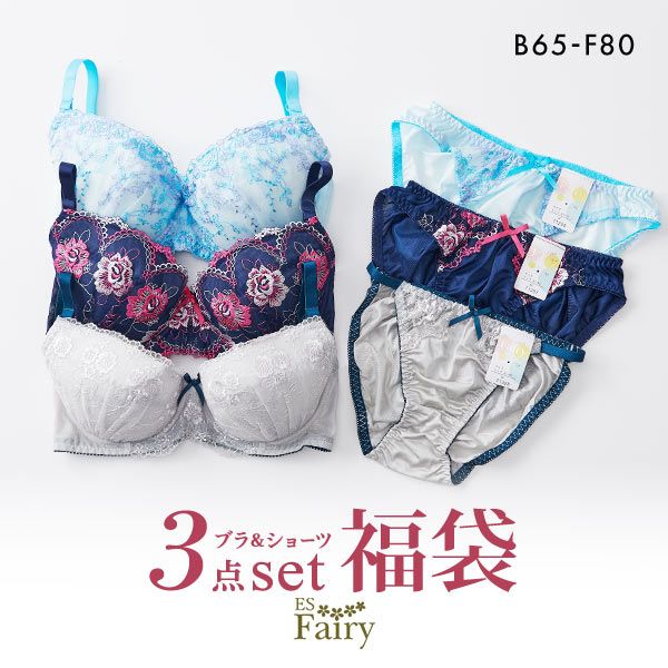 【10%OFF・お買い物マラソン】イーエスフェアリー ES Fairy 福袋 ブラジャー ショーツ 3点セット おまかせ ブラセット レディース B65-M-F80-L ev_sp