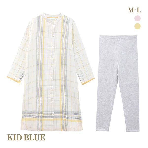 KID BLUE 部屋着 レディース キッドブルー KID BLUE 24Wガーゼ キッチンチェック 長袖 ワンピース スパッツ 上下セット ナイティ ルームウェア レディース パジャマ 全2色 M-L