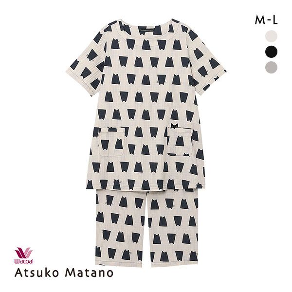 楽天SHIROHATO（白鳩）15％OFF ワコール Wacoal マタノ アツコ ATSUKO MATANO ネコシルエット パジャマ 5分袖7分丈パンツ ML 綿混 ナイティ パジャマ 上下セット レディース 全3色 M-L