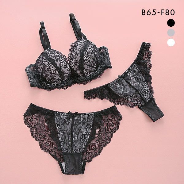 カシュクール 総レース ブラジャー ショーツ Tバック 3点セット BCDEF 大きいサイズ バックレース レディース 全3色 B65-M-F80-L ev_s...