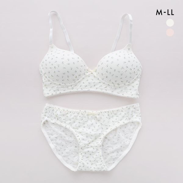 サンエイ リラックス＆ナチュラル ぽこぽこリブ小花 ノンワイヤーブラセット M L LL ブラレット ブラジャー ショーツ セット SANEI レディース 全2色 M／M-LL／LL