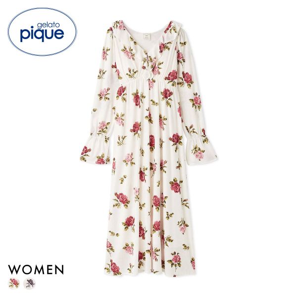 ジェラートピケ レディース ヴィンテージローズ柄ワンピース ドレス カップ付き カップイン ジェラピケ ルームウェア gelato pique 全2色