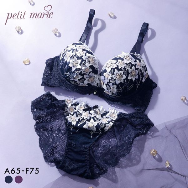 プチマリー ムーンライトフラワー ブラジャー ノーマルショーツ セット ABCDEF ブラセット 脇高 谷間 盛りブラ petit marie BLACK レディース 全2色 A65-M-F75-L