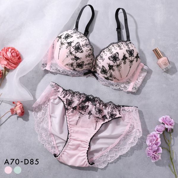 サンエイ 脇高 ガーリーバタフライ ブラセット ABCD 脇肉 谷間 盛り はみ肉すっきり 脇寄せ ブラジャー ショーツ セット 美胸 SANEI レディース 全2色 A70-M-D85-LL