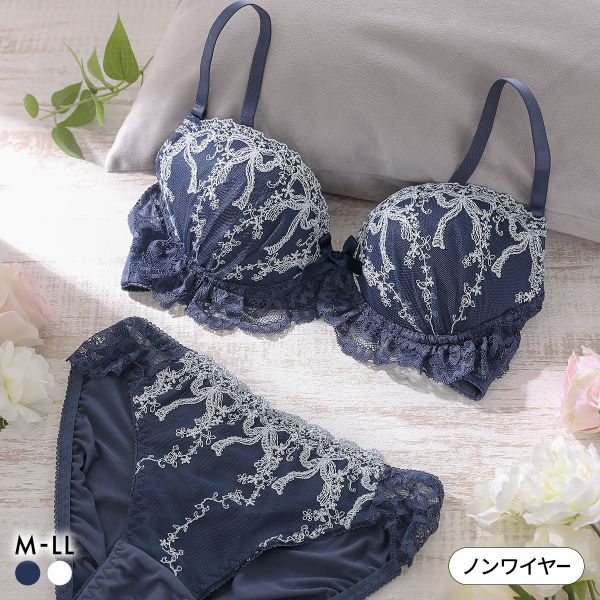 ルルモアナ リボン柄チュールレース ノンワイヤー ブラセット M L LL ブラジャー ショーツ セット ワイヤレス LULUMOANA レディース 全2色 M／M-LL／LL
