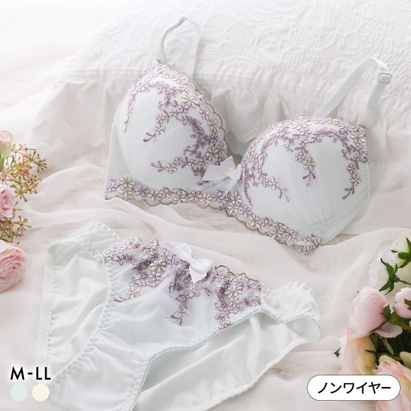 ピュアシェリ 4色小花チュールレース ノンワイヤー ブラセット M L LL ブラジャー ショーツ セット ワイヤレス PURECHERIE レディース 全2色 M／M-LL／LL
