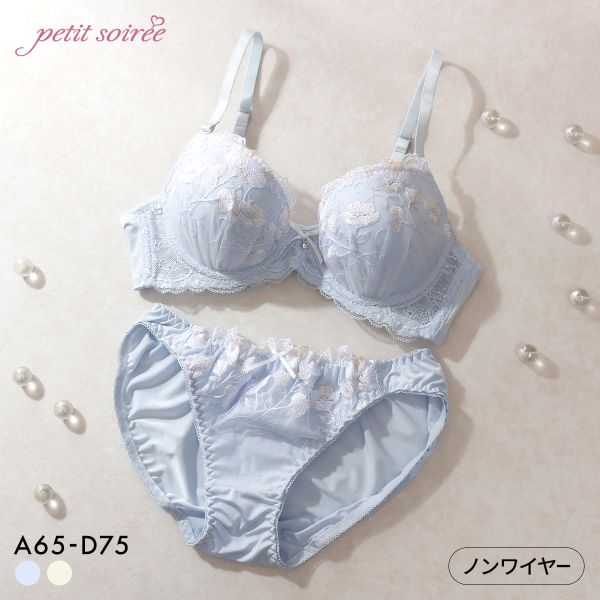 3/4 Cup - 【20%OFF・5/27 09:59まで】 プチソワレ シアーフラワー ノンワイヤー ブラセット ABCD ブラジャー ショーツ セット 花柄刺繍 ラメ petit soiree レディース 全2色 A65-M-D75-L ev_sp_20