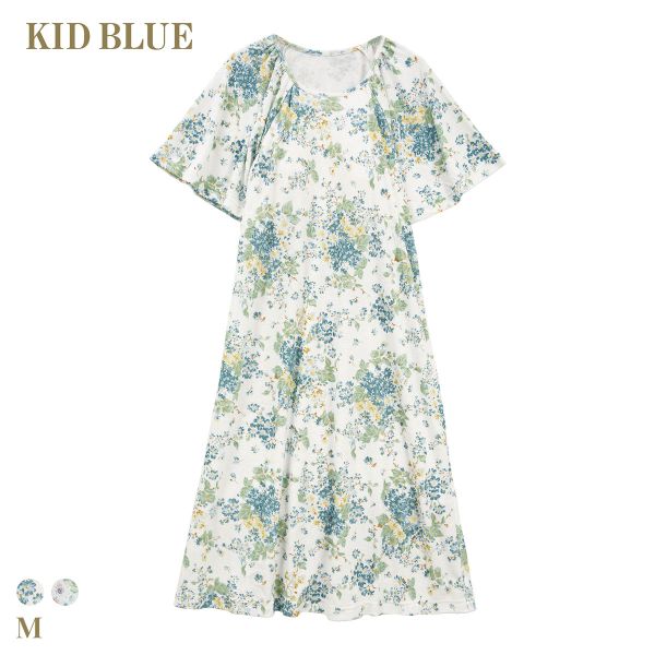 Cotton - 【1,000円OFFクーポン先着配布・6/1まで】キッドブルー パイルフローラルガーデン ワンピース 半袖 ネグリジェ カップ付　ナイティ ルームウェア パジャマ レディース KID BLUE 全2色