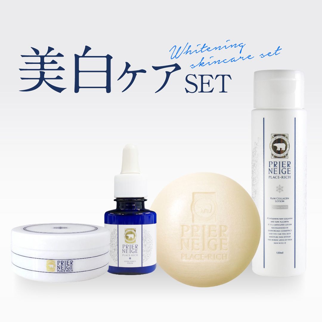 ■商品名 薬用プリエネージュ プラセリッチゲル（薬用美白ホワイトニングゲル） ■内容量 50g ■香り ココナッツバニラの香り ■特徴 プラセンタ濃度10倍！1つで7役、コスパ＆時短ケアのオールインワンゲル！ 国産プラセンタを高濃度配合した薬用美白ゲル。さっぱりしているのに肌の内側からしっとり。贅沢な使用感で美白、ハリ、乾燥肌、敏感肌、年齢肌にもお応えします。楽天ランキング1位19冠獲得。ココナッツバニラの甘い香り。医薬部外品。30代からのシミ対策基礎化粧品。 ■ご使用方法 洗顔後、指先に適量（パール1粒大）を取り、お顔全体にやさしくなじませてください。乾燥が気になる部分には重ねづけをしてください。 ■販売元 株式会社プラセス製薬 ■区分 医薬部外品/メラニンの生成を抑え、しみ、そばかすを防ぐ。肌をひきしめる。肌を整える。 肌にはりを与える。肌にツヤを与える。皮膚にうるおいを与える。皮膚を保護する。皮膚の乾燥を防ぐ。 肌あれ・あれ性。にきびを防ぐ。 ■広告文責 株式会社プラセス製薬 ■製造国 日本 ■商品名 プリエネージュ プラセリッチ EXソープ（美容洗顔石鹸） ■内容量 60g ■特徴 発酵プラセンタ※1をはじめフラーレン※1、白金※1、さらに数種類の天然由来ハーブエキス※1を配合した豊かな泡立ちの無添加※2洗顔石鹸です。潤いを守りながら肌をやさしく洗い上げ、ココナッツバニラの香りが優しく香ります。 （※1保湿成分）（※2パラベン、鉱物油、石油系界面活性剤、酸化防止剤） ■販売元 株式会社プラセス製薬 ■区分 化粧品・化粧石鹸 ■広告文責 株式会社プラセス製薬 ■製造国 日本 ■商品名 薬用プリエネージュ プラセリッチ 生コラーゲンローション（薬用美白ローション） ■内容量 150ml ■ご使用方法 適量を手のひらやコットンに含み、乾燥の気になる部分に塗布してください。 ■販売元 株式会社プラセス製薬 ■区分 医薬部外品（メラニンの生成を抑えシミ・そばかすを防ぐことによる） ■広告文責 株式会社プラセス製薬（092-283-2160） ■製造国 日本 ■商品名 薬用プリエネージュ プラセリッチ セブンホワイトセラム（薬用美白美容液） ■内容量 20ml（約2か月分） ■全成分 ［有効成分］プラセンタエキス（1）、グリチルリチン酸ジカリウム ［その他の成分］加水分解ヒアルロン酸、カムカムエキス、2 −メタクリロイルオキシエチルホスホリルコリン・メタクリル酸ブチル共重合体液、カンゾウフラボノイド、N−ラウロイル−L−グルタミン酸ジ（フィトステリル・2−オクチルドデシ ル）、水素添加大豆リン脂質、モノラウリン酸ポリグリセリル、濃グリセリン、ハクガイシ加水分解エキス、海藻エキス（1）、ヒナギク花エキス、プルーン酵素分解物、グリコール酸、コメヌカスフィンゴ糖脂質、水素添加卵黄レシチン、卵黄リゾホスファチジルコリン、スクワラン、クワエキス、ヨクイニンエキス、ローヤルゼリーエキス、納豆エキス、加水分解シルク液、ポリオキシエチレン硬化ヒマシ油、トリ2−エチルヘキサン酸グリセリル、カルボキシビニルポリマー、水酸化カリウム、1，2−ペンタンジオール、フェノキシエタノール、1，3−ブチレングリコール、無水エタノール ■効果または効能 メラニンの生成を抑え、シミ・ソバカスを防ぐ。 ■ご使用方法 適量を皮膚に塗布してください。 ■販売元 株式会社プラセス製薬 ■区分 医薬部外品 ■広告文責 株式会社プラセス製薬（092-283-2160） ■製造国 日本●美白ケア 4点セットの内容商品 ・薬用プリエネージュ プラセリッチゲル（50g） ・薬用プリエネージュ プラセリッチ セブンホワイトセラム（20ml） ・プリエネージュ プラセリッチ EXソープ（60g） ・薬用プリエネージュ プラセリッチ 生コラーゲンローション（150ml）