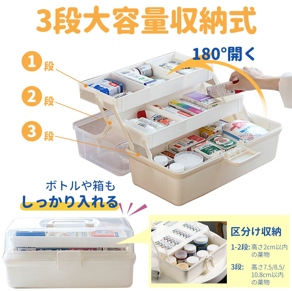 薬箱 収納ボックス 救急ボックス 3段 けが 応急手当 大容量 薬入れ 防災グッズ たっぷり収納 日用品 小物入れ 小物収納 お薬ケース 救急BOX 家庭用 便利グッズ ホワイト 新生活 Lサイズ