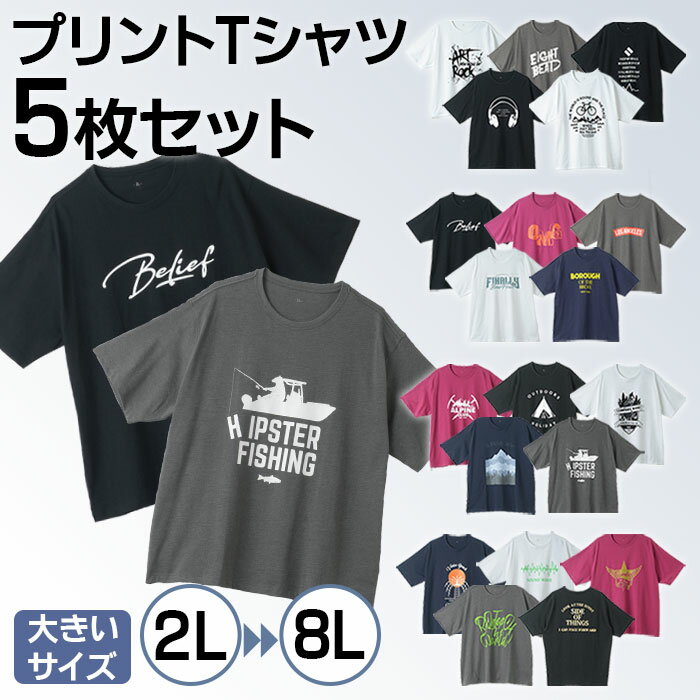 Tシャツ 大きいサイズ メンズ 5枚セット 半袖 プリントTシャツ 5枚組 ビッグサイズ プリント 2L 3L 4L 5L 6L 8L 夏 カジュアル カットソー アウトドア アメカジ