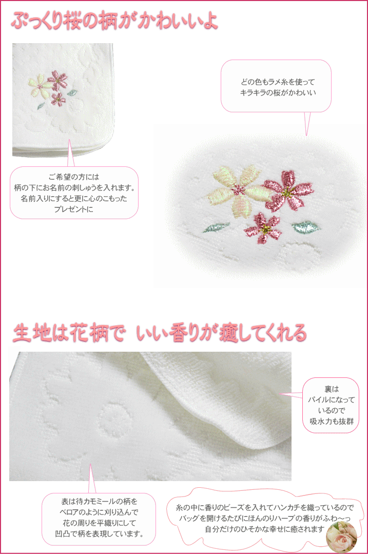 ハンカチ 名入れ刺繍【香るタオルハンカチ　桜5枚】名前入り ハンカチ 桜 柄 タオル 名入れ 依頼 タオルハンカチ マミー 22センチ タオルハンカチ 刺繍 ネーム刺繍 タオル 文字入り ハンドタオル 名入れ刺繍 今治