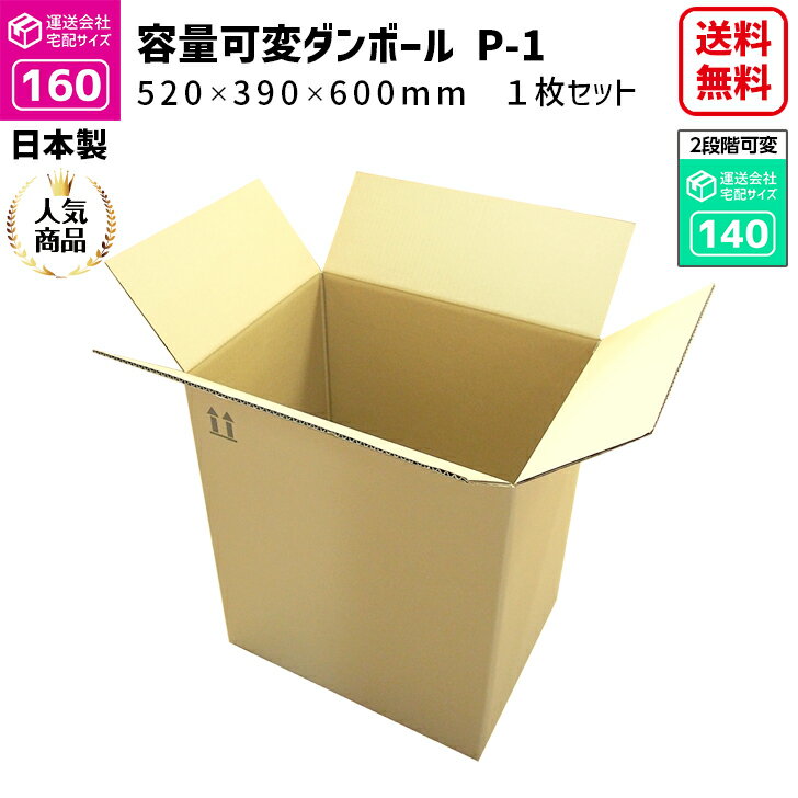 160サイズ 大きいダンボール 1枚だけ 長さ520mm×幅390mm×高さ600mm P-1ケース 高さが調整できる 可変ケース しっかりしている 縦長 丈夫 引っ越し 段ボール箱 送料無料