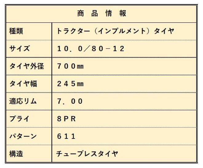 農業用・農耕用トラクター用★2本セット★（インプルメント）タイヤ 10.0/80-12/8PR ...