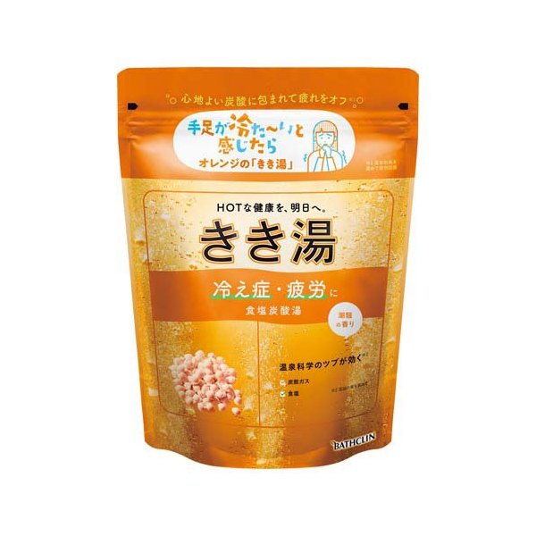 【きき湯 食塩炭酸湯 潮騒の香りの商品詳細】 ●温泉科学のツブが体の芯まで温め、たまった疲労感をいやしラクに ●温泉ミネラル・炭酸ガス(温泉ガス)を凝縮したツブが発泡し、成分がすばやくお湯に溶け込む ●α-ピネン※を配合した気分やすらぐ香りが広がる ●つめかえ要らず、そのまま使えるサステナパック ●使いやすい計量スプーン付き ※森林のすがすがしい空気に含まれる樹木精油中の芳香成分 ●食塩（温泉ミネラル：有効成分）配合 温浴効果を高めて血行と新陳代謝を促進し、からだを芯まで温め、「冷え症・疲労」を緩和して、たまった疲労感をいやし、ラクにします。 【香り】潮騒の香り（シトラス調のみずみずしい香り） 【お湯の色】乳緑色のお湯（にごりタイプ） 【効能 効果】 疲労回復、肩のこり、腰痛、神経痛、リウマチ、うちみ、くじき、荒れ性、しっしん、あせも、にきび、しもやけ、ひび、あかぎれ、冷え症、産前産後の冷え症、痔 【使用方法】 お風呂のお湯(200L)に約30g(付属の計量スプーンで1杯分)の割合でツブ剤を溶かしてから入浴します。 【注意事項】 ・発泡中に顔を湯面に近づけると、まれにせき込む場合があります。 ・さら湯で洗い流さず、そのままお上がりください。 ・赤ちゃん(生後3か月以上)と一緒に入浴する時も使えます。 ★保管について ・パウチの中に水を入れない。万一パウチに水が入った場合は、発泡が収まるまでチャックを開けて放置する。 ・チャックをしっかり閉め、乳幼児の手の届く所や直射日光の当たる場所、高温・多湿の所に置かない。 ・品質保持のため他の容器につめかえない。 ・パウチ開封後はできるだけ早めに使用する。 ★使用上の注意 ・皮フ又は体質的に異常がある場合は、医師に相談の上使用する。 ・使用中や使用後、皮フに発疹、発赤、かゆみ、刺激感等の異常が現れた場合、使用を中止し、皮フ科医に相談する。使い続けると症状が悪化することがある。 ・本品は食べられない。万一大量に飲み込んだ場合は、水を飲ませる等の処置をし、医師に相談する。 ・本品と他の入浴剤の併用は避ける。 ・入浴以外の用途には使用しない。 ・浴槽の汚れは早めに浴槽用洗剤で落とす。時間がたつと落ちにくくなり入浴剤の色素が付着して色がつくことがある。 ・本品には浴槽・風呂釜をいためるイオウは入っていない。 ★にごり成分について ・全自動給湯器・24時間風呂の場合、機種によっては使用できない場合があるので、機種の説明書を確認の上、使用する。 ・木製の浴槽の場合、にごり成分が付着して取りにくい場合があるので、使用を避ける。 ・風呂釜や配管の汚れににごり成分がつき、追いだき時に出てくることがある。 ・使用後、循環口のフィルターや浴槽等に残ったにごり成分はよく洗い流す。 ★残り湯について ・残り湯は洗濯に使用できるが、すすぎとつけおきは清水で行うこと。ただし次の衣料には使用しない。着色する場合がある。 (1)柔軟仕上げを強く掛けた衣料 (2)おろしたてや大切な衣料 ・残り湯には無機塩が多く含まれるので、鉢植えや大切な植物への水やりに使わない。 広告文責： 株式会社しとん TEL 078-600-0366