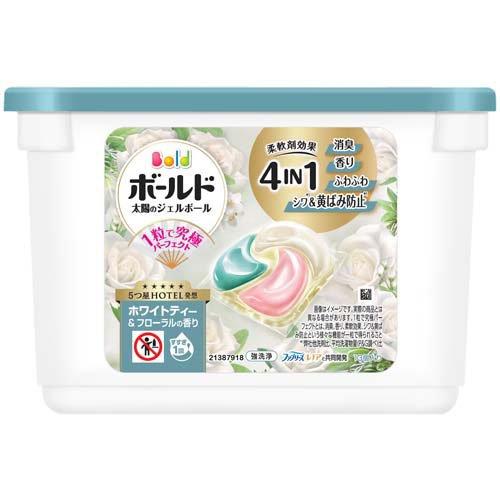 【ボールドジェルボール4Dホワイトティー&フローラルの香り本体の商品詳細】 天日干し級の爽やかさ2日間ずーっと続く*1 1粒で究極パーフェクト* ファブリーズ　レノアと共同開発　 ホワイトティー＆フローラルの香り：高級ホテルにただよう上質なホワイトティーの香りと、ほのかなフローラルをブレンド。洗練された贅沢さ。 柔軟剤効果 4 in 1 強洗浄　洗い上がり輝く白さ シワ*2 &黄ばみ防止*2　アイロンがけが楽に！*2 ふんわり仕上げ　驚きの柔らかさ。 香り長続き　着ている間も華やか。 消臭成分2倍濃縮*3 * 1粒で究極パーフェクトとは、消臭、香り、柔軟効果、シワ＆黄ばみ防止という様々な機能が一粒で得られること。 *1 保管状態で。 *2 弊社他洗剤比、平均洗濯物量(P&G調べ)比。 *3 当社液体洗剤比。 ボールド 洗濯洗剤 太陽のジェルボール 4 in 1 5つ星HOTEL発想 ホワイトティー＆フローラルの香り ★使用上の注意 ・これは食べ物ではありません。 ・子供やペットの手の届く所に置かない。 ・口に入れたり、飲み込んだりしない。 ・認知症の方などの誤飲を防ぐため、置き場所に注意する。用途以外に使わない。 ・下洗いや手洗い用におすすめしません。 ・製品を強く押したり、長時間触らない。 ・製品が破れて原液が洗濯機のフタについたときは、水ですぐふき取る。 ・この容器を他の用途に使用しない。 ★保管方法 ・使用後は必ず容器のフタをしっかり閉めて保管してください。 ・また、保管中は高温、多湿、直射日光を避け、お早めにお使いください。 ・この本体容器に入れて保管してください。 広告文責： 株式会社しとん TEL078-600-0366