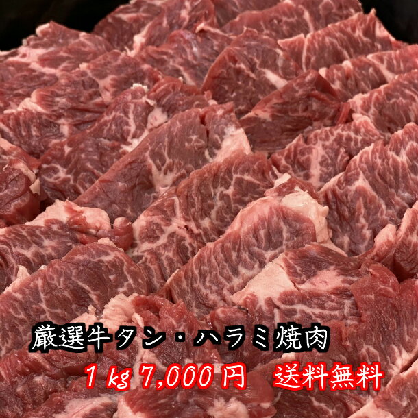 送料無料　焼肉1kg　500g×2　やわらか　新鮮　厳選牛タン・ハラミ　タレプレゼント　牛肉　バーベキュー　セット　特上　　お祝い　味付けなし　精肉店直送