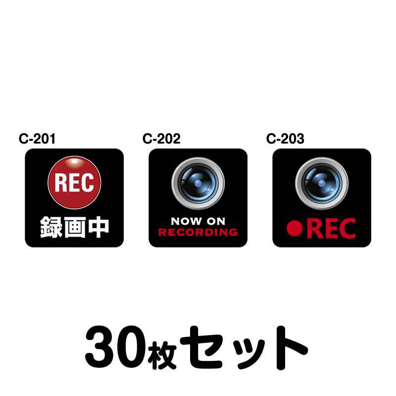 ドライブレコーダーステッカー（車内用）・30枚セット W120mm×H120mm C-201／C-202／C-203 ドラレコ ドライブレコード搭載 録画中 車 あおり運転防止 後方 危険運転 対策 シール 正方形 四角 幅12cm