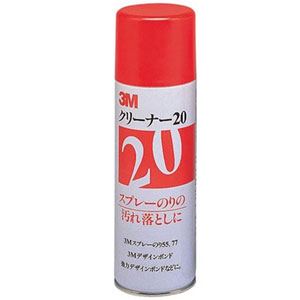 3M クリーナー20 特長 ■仕様 ： シールはがし(ソフトな洗浄力) ■容量 ： 330ml ■品番 ： CLEANER20 特徴 机や床に飛び散ったスプレーのり55、77の汚れ落としや、金属やプラスチックについた汚れなどを 材料をいためずに、スッキリ、キレイに落とせます。又、静電気効果もあり、ホコリやゴミを引きつけません。 【用途】 3M スプレーのり55／3M デザインボンド／強力デザインボンドなどの汚れ落とし、その他シールはがし 備考 ■汚染物質削減 ： 大気に蒸発するフロンガスや塩素溶剤を製品から排除。 ■※3M エアゾール製品にはフロンガス、1.1.1.トリクロルエタンは使用しておりません。　