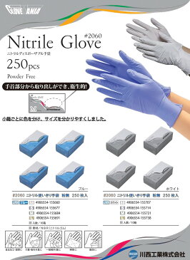 【お一人様1個まで】 KAWANISHI No.2060 ニトリル使い切り手袋 粉なし 【ブルー】【250枚入】 油に強く手にピッタリフィットする使い捨て手袋です。 食品衛生法適合品 使い切り手袋 ディスポ手袋 ニトリル手袋 ★レビュー記入プレゼント対象商品★