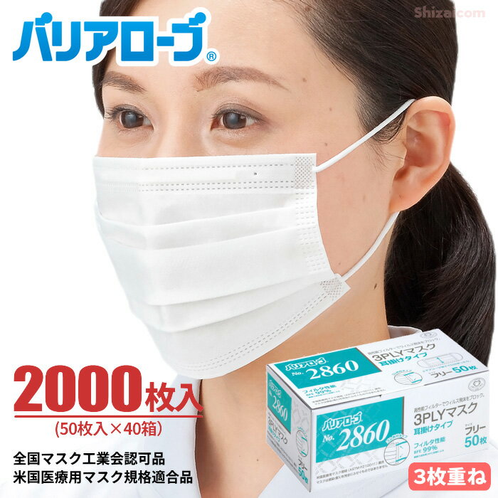 LeABLE バリアローブ No.2860 3PLYマスク 耳かけタイプ 【2000枚入（50枚×40箱）】 高性能3層フィルターを採用したマスクです。 全国マスク工業会認可　使い捨て衛生マスク　使いきりマスク　不織布マスク