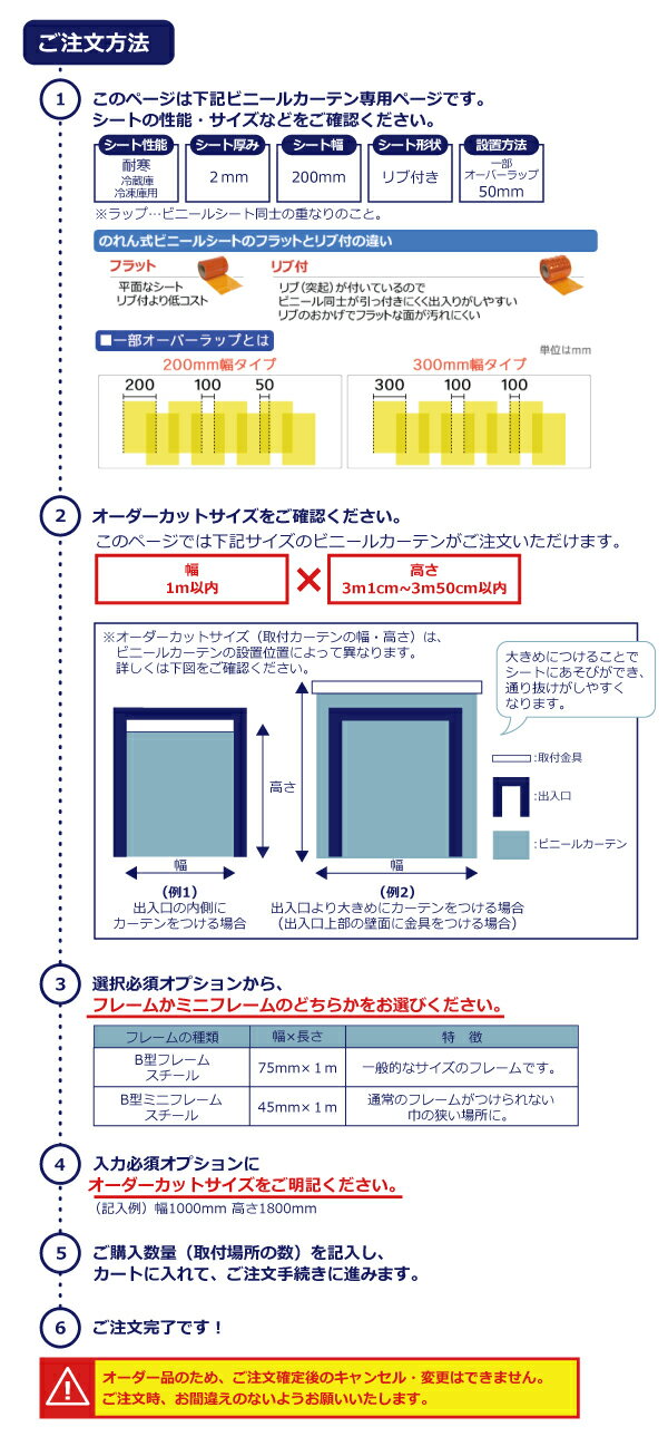 のれん式ビニールカーテンオーダーカット カーテン取り付けサイズ：幅1m以内×高さ3m1cm~3m50cm以内用　1セット 【耐寒(冷蔵庫・冷凍庫用)/リブ付き/厚み2mm/幅200mm/ラップ50mm/スチールフレーム付き】