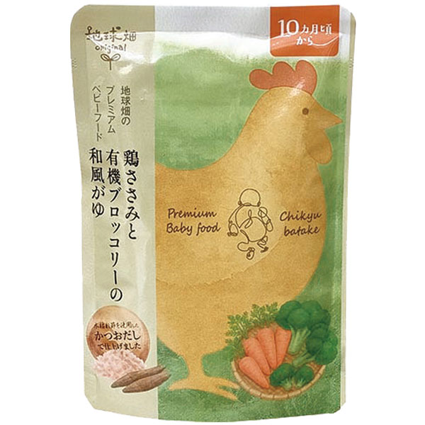 国産有機素材と鶏ささみを使用した和風がゆ（10ヶ月頃から）はじめての離乳食に、旬の国産有機農産物を使用した自然本来のやさしい味わいを。おうちで手作りしたような、ぬくもりのある和風がゆに仕上げたベビーフードです。化学肥料や農薬を使用せずに育てた有機ブロッコリーと、秋川牧園（山口県）の鶏ささみ肉を使用。さらに、鹿児島県枕崎産の鰹節からひいた出汁を加え、風味豊かな味わいに仕上げています。有機米・有機野菜・鶏ささみ肉を使用し、素材本来のおいしさを大切にした和風がゆです。鰹節の豊かな香りとともに、動物性たんぱく質も摂ることができます。レトルトパウチタイプなので、ご家庭ではもちろん、お出かけ先でも手軽にご利用いただけます。毎日の離乳食づくりをサポートする、便利でやさしいベビーフードです。食品添加物は使用していません。・食品添加物不使用（甘味料・保存料・着色料・化学調味料・安定剤・増粘剤・遺伝子組換原料は一切不使用）・放射能検査済・BPA・BPSフリー【お召し上がり方】よくかき混ぜてお召し上がりください。そのままでもお召し上がりいただけますが、温めるとよりおいしくお召し上がりいただけます。【温める場合】・湯煎：袋のまま1〜2分・電子レンジ：別容器に移し、ラップをかけて約30秒（500W）介護食（きざみ食・ペースト食・つぶし食の代用）としてもご利用いただけます。※お子様にあげる前に温度をお確かめください。※開封後は当日中にお召し上がりください。※月齢は目安です。お子様の食欲や成長に合わせてご使用ください。※離乳食の進め方については、専門家へご相談ください。※本製品製造工場では、「小麦」「そば」「大豆」「鶏肉」「豚肉」を含む製品を製造しています。商品詳細商品番号ms21986原材料有機米（鹿児島県産）、有機ブロッコリー、鶏ささみペースト、有機にんじん、鰹節、（一部に鶏肉を含む）内容量100g栄養成分表示（100g当たり）エネルギー：50kcal、たんぱく質：2.4g、脂質：0.2g、炭水化物：9.8g、食塩相当量：0.01g賞味期限製造日より1年保存方法直射日光を避け常温で保存開封後、当日中にお召し上がりください。アレルゲン鶏肉販売元有限会社かごしま有機生産組合広告文責有限会社自然館 0957-22-8770【関連ワード】地球畑のプレミアムベビーフード鶏ささみと有機ブロッコリーの和風がゆ（10ヶ月期）,とりささみと有機ブロッコリーの和風がゆ,旬の国産有機農産物,秋川牧園鶏肉使用,枕崎産鰹節出汁,動物性たんぱく質,動物性タンパク質,動物性たん白質,動物性蛋白質,きざみ食代用,ペースト食代用,つぶし食代用,療養食［ベビーフード］離乳食,離乳食,ベイビィー,ベイベー,赤ちゃん用,離乳食用,軽食［粥（かゆ）］お粥,おかゆ,おかいさん,レトルトお粥,レトルトおかゆ,レトルトパウチ,長期保存,容器タイプ,レトルトご飯［介護食］流動食,介護食用,やわらか食,有限会社かごしま有機生産組合かごしま有機生産組合の商品はこちら＞＞