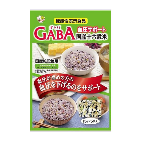 機能性表示食品として初めての“GABA”入りブレンド雑穀米です。厳選した16種類の国産雑穀に、血圧を下げるのをサポートする機能がある機能性関与成分“GABA”を配合しました。機能性だけではなく、味と食感にもこだわり、毎日おいしくお召し上がりいただけます。商品詳細商品番号sg2544原材料丸麦（大麦）、胚芽押麦、黒米、はだか麦、ひえ、乾燥おから（大豆を含む）、もち玄米、青大豆、青肌玄米、アマランサス、とうもろこし、もちきび、赤米、発芽玄米、もち麦、ギャバ、大豆、はと麦、デキストリン、食用やし油内容量15g×5袋賞味期限製造日より1年区分日本製・機能性表示食品販売元株式会社種商広告文責有限会社自然館 0957-22-8770