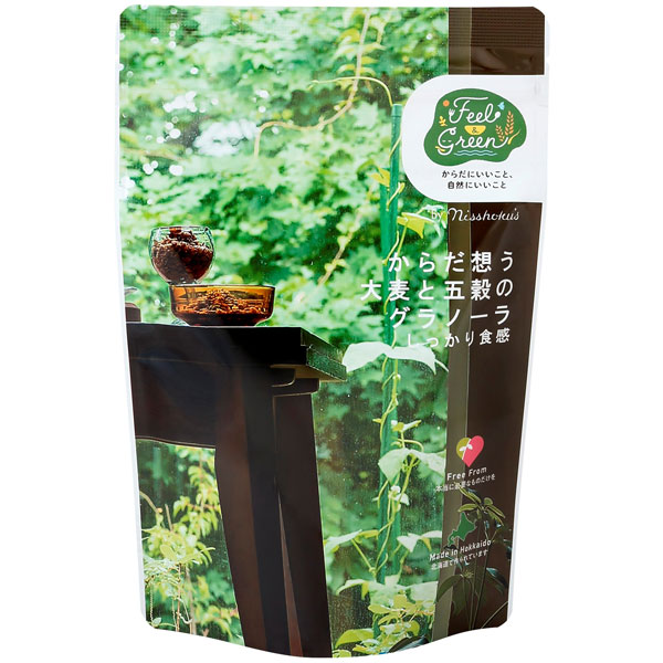 穀物本来の旨みが広がる大麦グラノーラ大麦をベースに五穀の穀類を贅沢に合わせた、香ばしい味わいのグラノーラです。オーツ麦、玄米、小麦、大豆、とうもろこしをバランスよく配合し、素材本来のおいしさを引き出しました。シンプルな味付けで、穀物のやさしい風味と自然な甘みをお楽しみいただけます。しっかりとした食感が特徴で、一口ごとに豊かな香ばしさが広がります。朝食やおやつとしてもお楽しみいただけます。商品詳細商品番号sg11532原材料オートミール（北海道製造）、全粒大麦（北海道産）、てんさい糖（てんさい（北海道産））、食物繊維、乾燥果実（クランベリー、グリーンレーズン）、ココナッツ、玄米（北海道産）、大豆（北海道産）、全粒小麦（北海道産）、コーングリッツ、オリゴ糖含有てんさい糖蜜（てんさい（北海道産））、ビターキャラメルパウダー（乳成分を含む）、食塩、カカオマス、麦芽エキス／グリセリン、乳化剤、酸化防止剤（ビタミンE）内容量200g栄養成分表示（1食50gあたり）エネルギー：192kcal、たんぱく質：4.0g、脂質：4.0g、炭水化物：38.5g、食塩相当量：0.3g賞味期限製造日より9ヶ月製造国日本販売元日本食品製造合資会社広告文責有限会社自然館 0957-22-8770【関連ワード】大麦と五穀のグラノーラ,おおむぎとごごくのぐらのーら,日食グラノーラ,大麦グラノーラ,五穀シリアル,オーツ麦,香ばしい風味,穀物シリアル［グラノーラ］granola,グラノラ,シリアル食品,朝食,穀物加工品［おかし］お菓子,おやつ［販売］Feel＆Green,日本食品製造合資会社