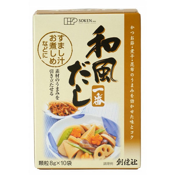 香り高く深いうまみの風味原料（かつお節、煮干、昆布）と丸大豆醤油を使用して仕上げておりますので、様々な和風料理に合せていただけます。うまみを残した塩を使用しています。粉末醤油の大豆は分別生産流通管理済みです。粉末発酵調味料は小麦を主原料に発酵させて作った調味料です。デキストリンは澱粉から作られた食品素材で、だしを溶けやすく顆粒状にする為に使用しています。だし汁を作る場合は1袋当たり700ccのお湯を目安に調理してください。商品詳細商品番号sk110866原材料デキストリン（国内製造）、食塩、乳糖、風味原料（鰹節粉末、煮干しイワシ粉末、煮干しエキス、昆布エキス）、粉末醤油、粉末発酵調味料、酵母エキス、でん粉、（一部に乳成分・小麦・大豆を含む）内容量8g×10袋賞味期限製造日より1年販売元株式会社創健社広告文責有限会社自然館 0957-22-8770