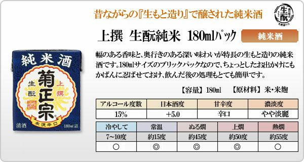 菊正宗 上撰 さけパック 生もと純米 180ml×30本 日本酒 清酒 1ケース きもと 2