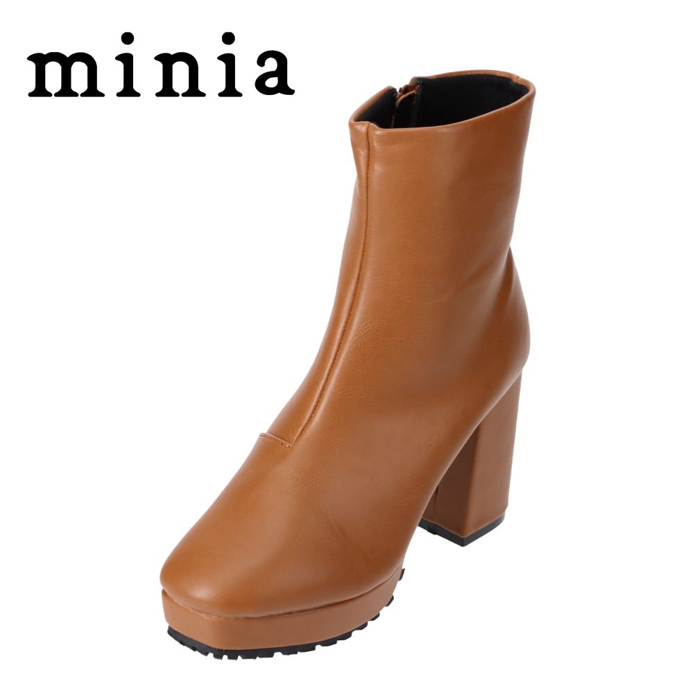 ミニア minia AS-1036 レディース靴 靴 シューズ 2E相当 ブーツ ショートブーツ 防水 雨の日 太めヒール チャンキーヒール スクエアトゥ キャメル
