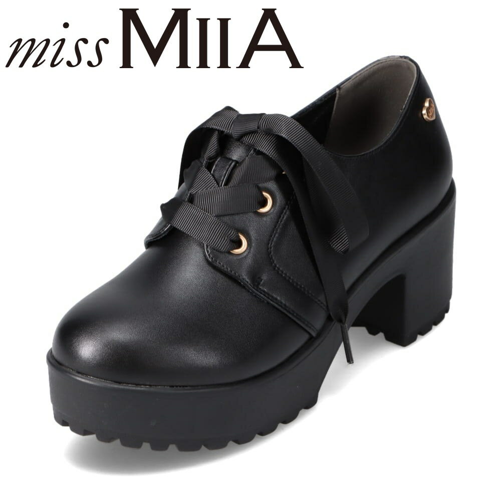 ミスミーア miss MIIA MA3711B レディース靴 靴 シューズ 2E相当 厚底 マニッシュシューズ レースアップ タンクソール ラギットソール 太めヒール 歩きやすい リボン かわいい ブラック