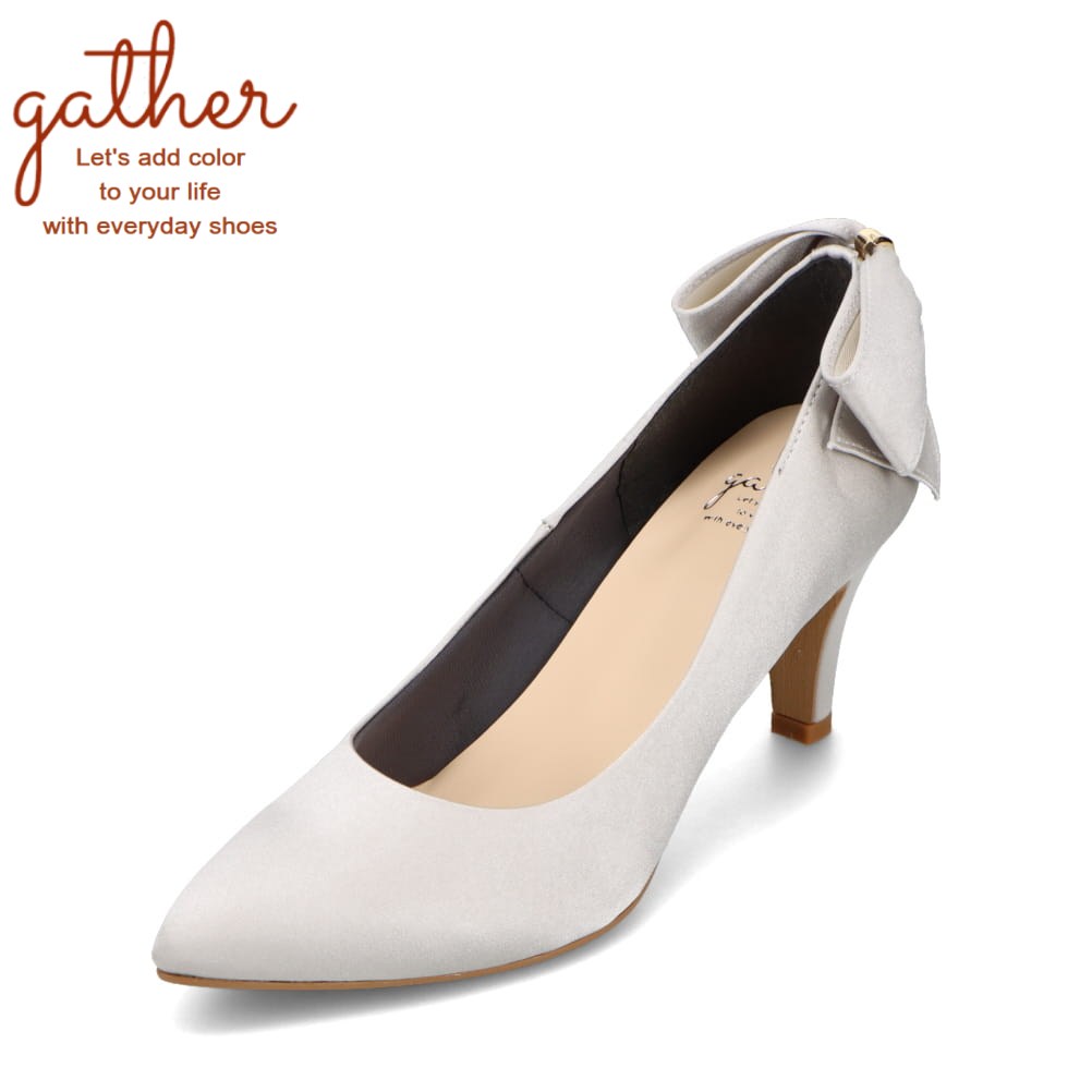 ギャザー gather G-021 レディース靴 靴 シューズ 2E相当 パンプス 日本製 ビジネス オフィス 通勤 セレモニー 美脚 リボン ポインテッドトゥ シンプル グレー