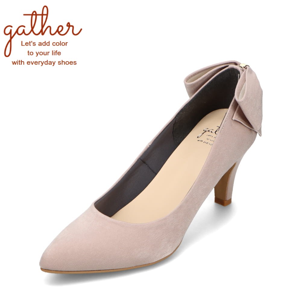 ギャザー gather G-021 レディース靴 靴 シューズ 2E相当 パンプス 日本製 ビジネス オフィス 通勤 セレモニー 美脚 リボン ポインテッドトゥ シンプル オーク