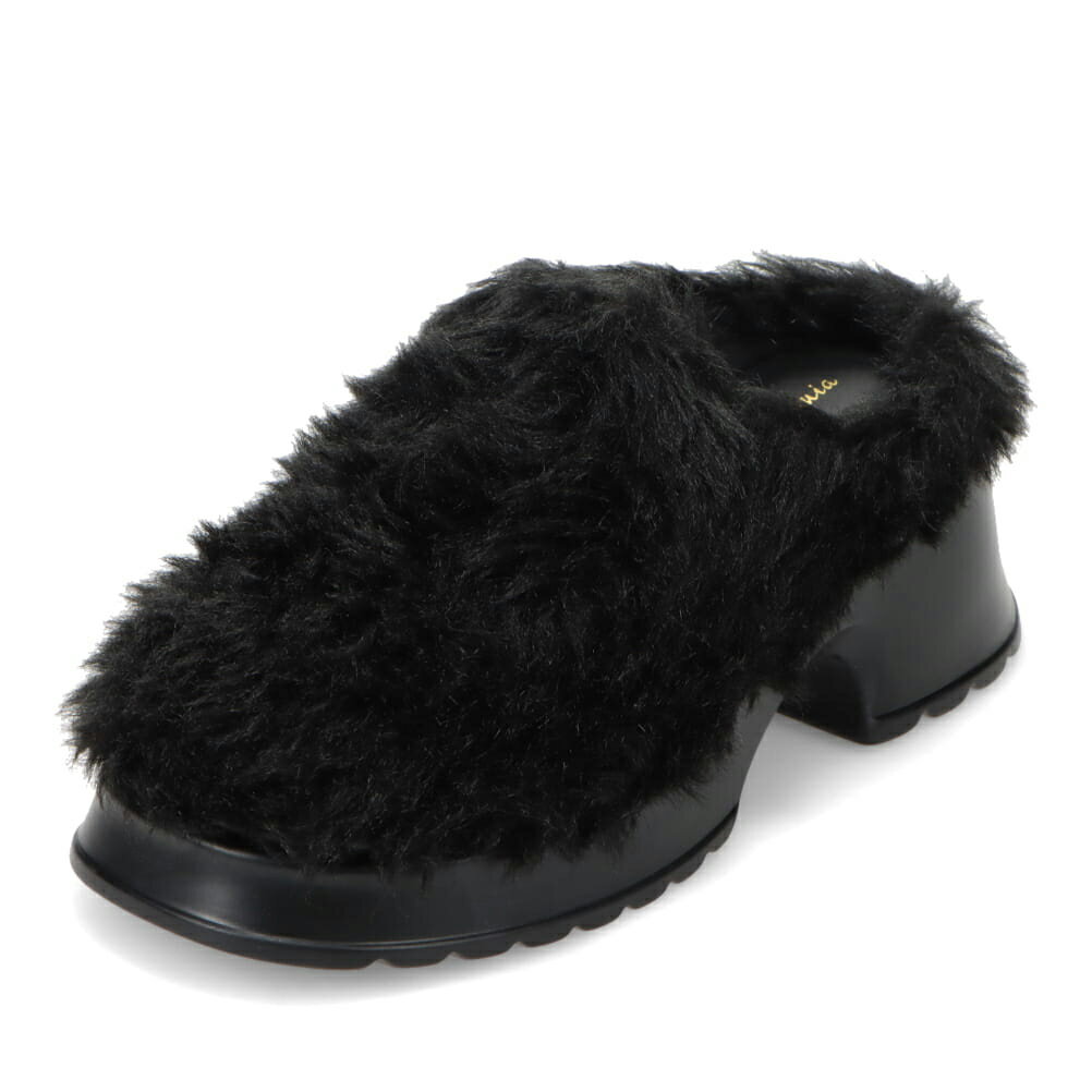 ミニア minia EC-002 レディース靴 靴 シューズ 2E相当 サンダル サボ つっかけ 厚底 ファー ふわふわ ボリュームソール トレンド 脚長 フェミニン ブラック×ブラック