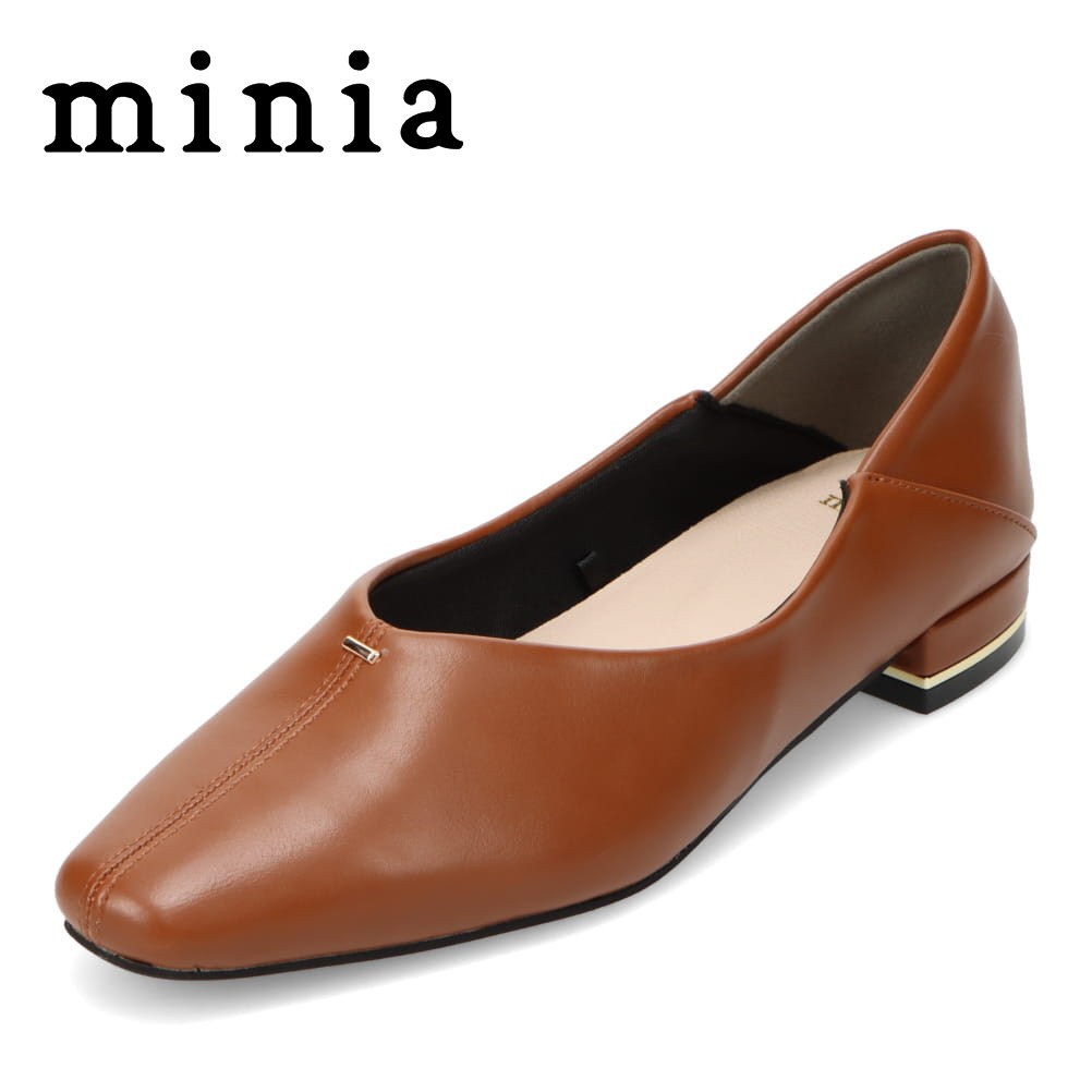 ミニア minia AS-1148 レディース靴 靴 シューズ 2E相当 パンプス フラット シューズ カジュアル ゴールド メタル スクエアトゥ 上品 Vカット ブラウン