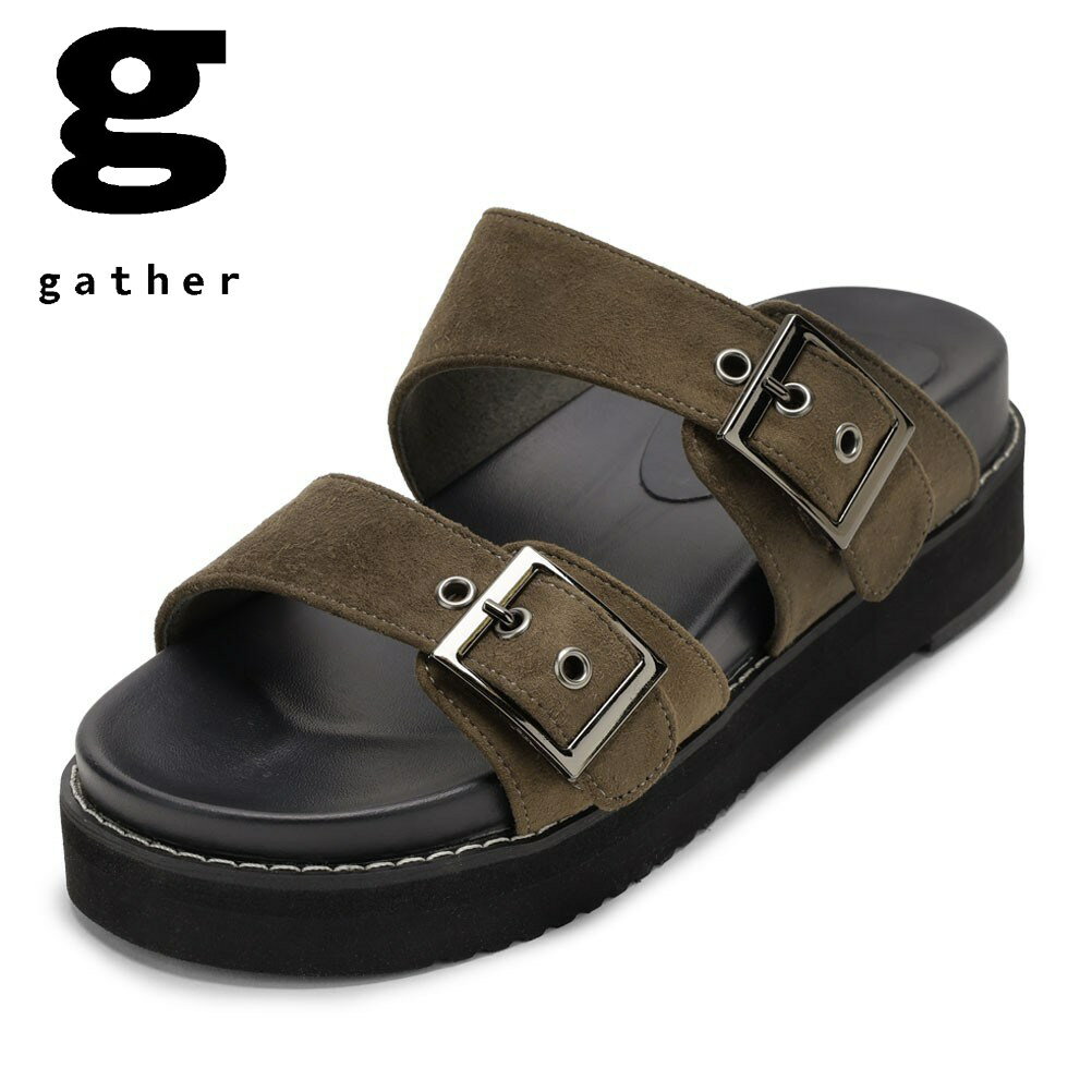 【全品P5倍！6日～9日まで】ギャザー gather G-119 レディース靴 靴 シューズ 2E サンダル スリッパ ルームシューズ つっかけ スライド ベルト バックル カジュアル モード シンプル カーキ