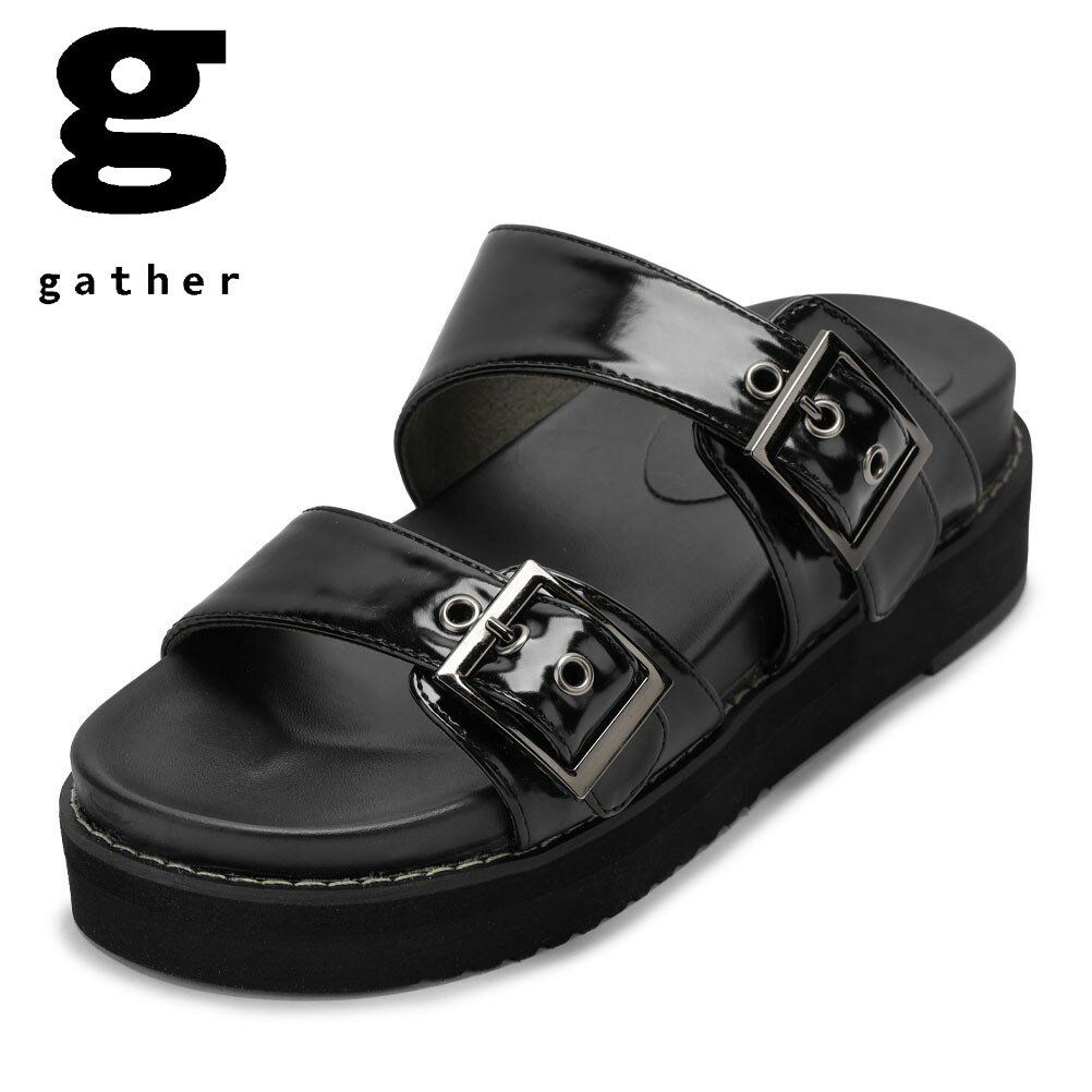 【全品P5倍！6日～9日まで】ギャザー gather G-119 レディース靴 靴 シューズ 2E サンダル スリッパ ルームシューズ つっかけ スライド トレンド 厚底 カジュアル モード シンプル ブラック×エナメル