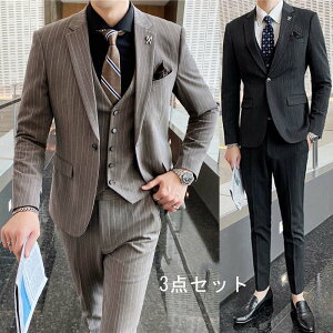 3ピーススーツ メンズ スーツ 3点セット 長袖ジャケット+パンツ+ベスト 高級感 ビジネススーツ ストライプ柄 メンズスーツ 一つボタン 韓国風 カジュアルスーツ セレモニー ビジネス フォーマル 礼服 パーティー 通勤 就職 エリート 結婚式 花婿 撮影 おしゃれネット通販
