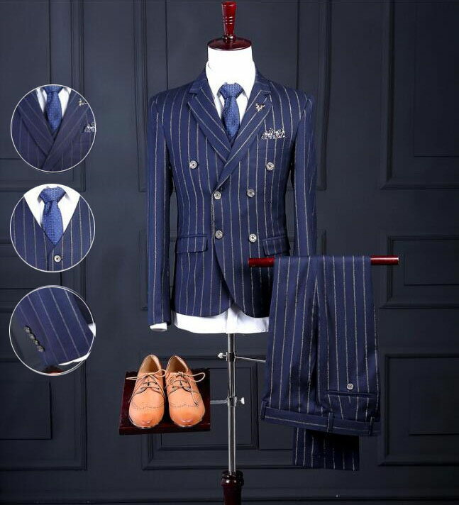 【送料無料】メンズ スーツ 礼服 花婿 撮影 長袖ジャケット+ズボン+ベスト 3点セット ダブルブレスト ストライプ スリムスーツ3ピーススーツ 人気 上品 ビジネススーツ 細身 着痩せ スーツセット 結婚式 披露宴 司会 忘年会 フォーマル パーティー 二次会 通勤 就職 ブルー
