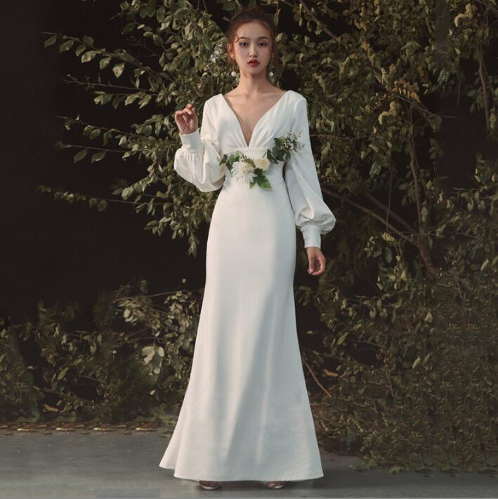 【 送料無料】ウェディングドレス Vネック サテン シンプル 長袖 パーティードレス 前撮り/後撮り ドレス ロング ブライダルドレス 上品 優雅 礼服 結婚式 ファスナー お花嫁ドレス 結婚式ドレス 挙式 披露宴 二次会 演奏会 司会 舞台 ピアノ ワンピース