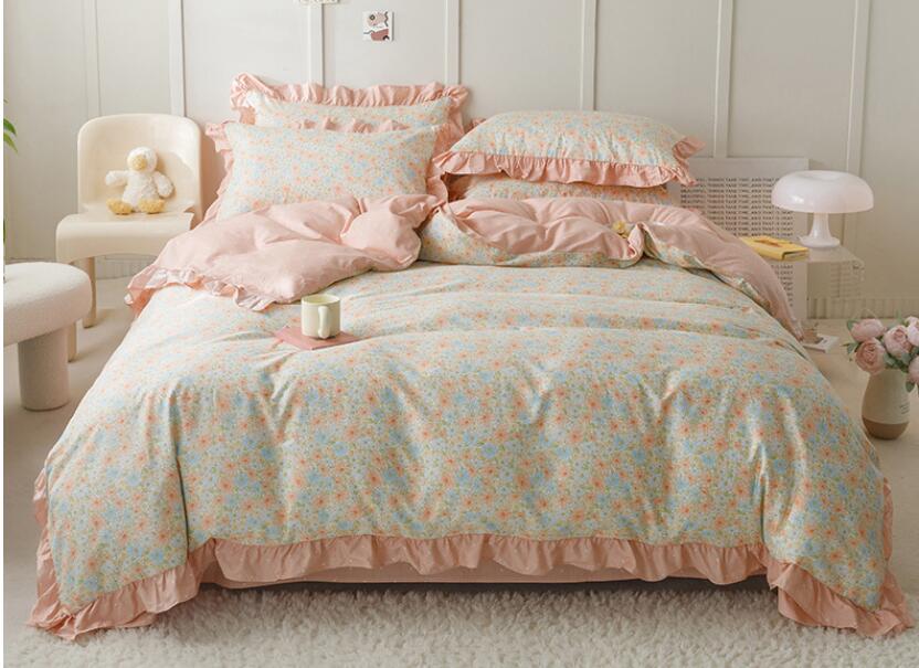 【セール 送料無料】布団カバーセット 花柄 4点セット 綿100% ダブル 可愛い フリル付き ボックスシー..