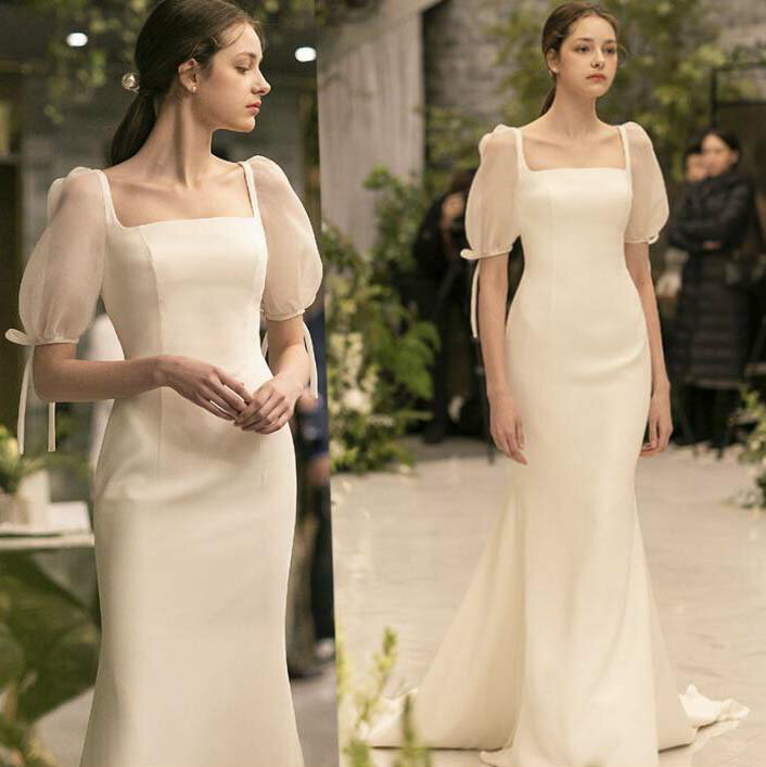 【送料無料】ウェディングドレス イブイングドレス サテン 半袖 リボン 結婚式 バルーンスリーブ 白ドレス シンプル 高級感 お花嫁ドレス 前撮り/後撮り パーティードレス 挙式 海外旅行 写真撮影 ブライダル 披露宴 二次会 演奏会 舞台 ピアノ プリンセスライン 韓国風