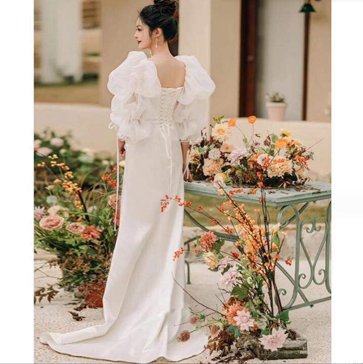 【送料無料】ウェディングドレス 結婚式 五分袖 シンプル 高級感 オフショルダー 2way リボン バルーンスリーブ 白ドレス 花嫁ドレス 前撮り/後撮り ロングドレス 編み上げ パーティードレス 挙式 海外旅行 写真撮影 ブライダル 披露宴 二次会 演奏会 ピアノ ロマンティック