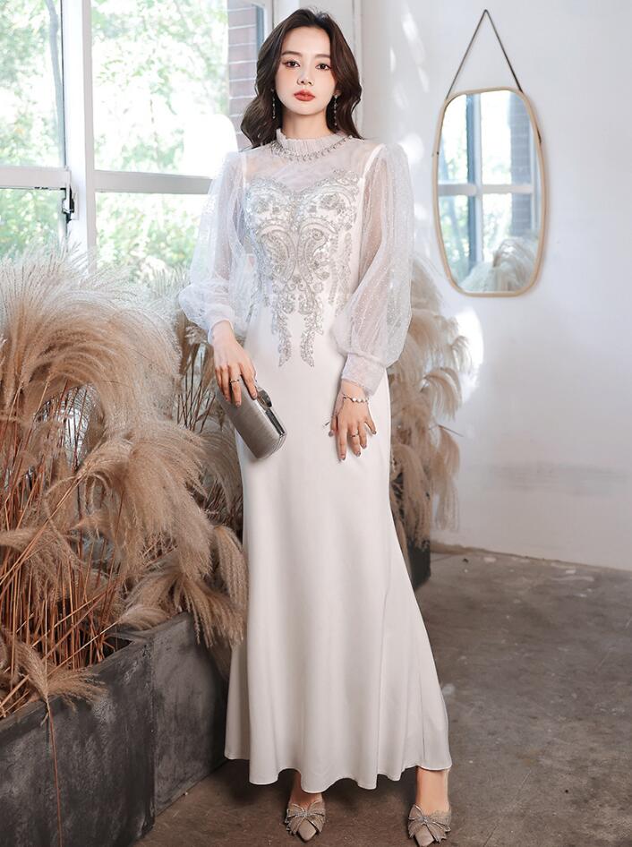 【送料無料】パーティードレス マーメイドドレス バルーンスリーブ ビーズ付き 高級感 シースルー袖 白ワンピース ファスナー 演奏会 撮影 ビーチフォト 司会 舞台衣装 きれいめ エレガント 結婚式 披露宴 同窓会 二次会 お呼ばれ 発表会 ピアノ 旅行 礼服 ママ 母親