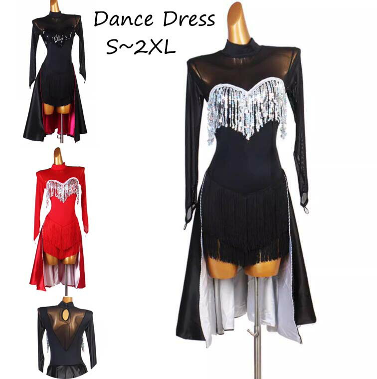 【送料無料】ラテンダンス衣装 ラテンダンス ドレス 練習服 競技着 黒白 赤 透け感 長袖 上質 高級感 社交ダンスドレス ダンスウェア チャチャ サルサ ルンバ 競技 レッスン着 ダンスウェア タンゴ ワンピースス タンダードドレス 団体ウエア 舞台 演出 ステージ お洒落