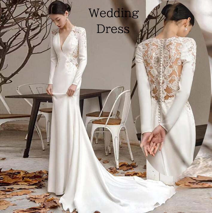 【送料無料】ウェディングドレス イブイングドレス 結婚式 Vネック 長袖 サテン レース切り替え 高級感 トレーン シンプル マーメイドライン 大きいサイズ ブライダル 白ドレス 前撮り/後撮り ロング 花嫁ドレス フォトウェディング撮影 パーティードレス 挙式 披露宴 演奏会
